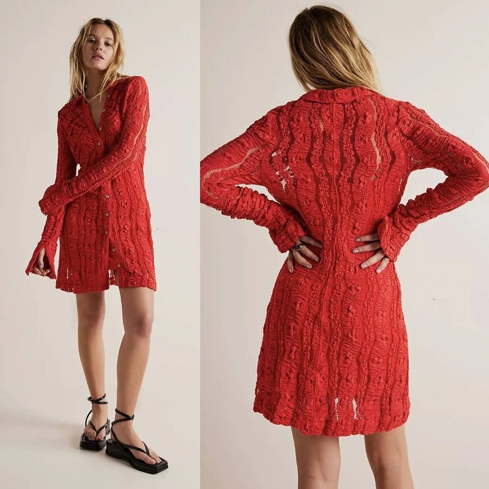 NWT New $158 Free People Red Shayla Lace Long Sleeve Cotton Mini Dress Size XS